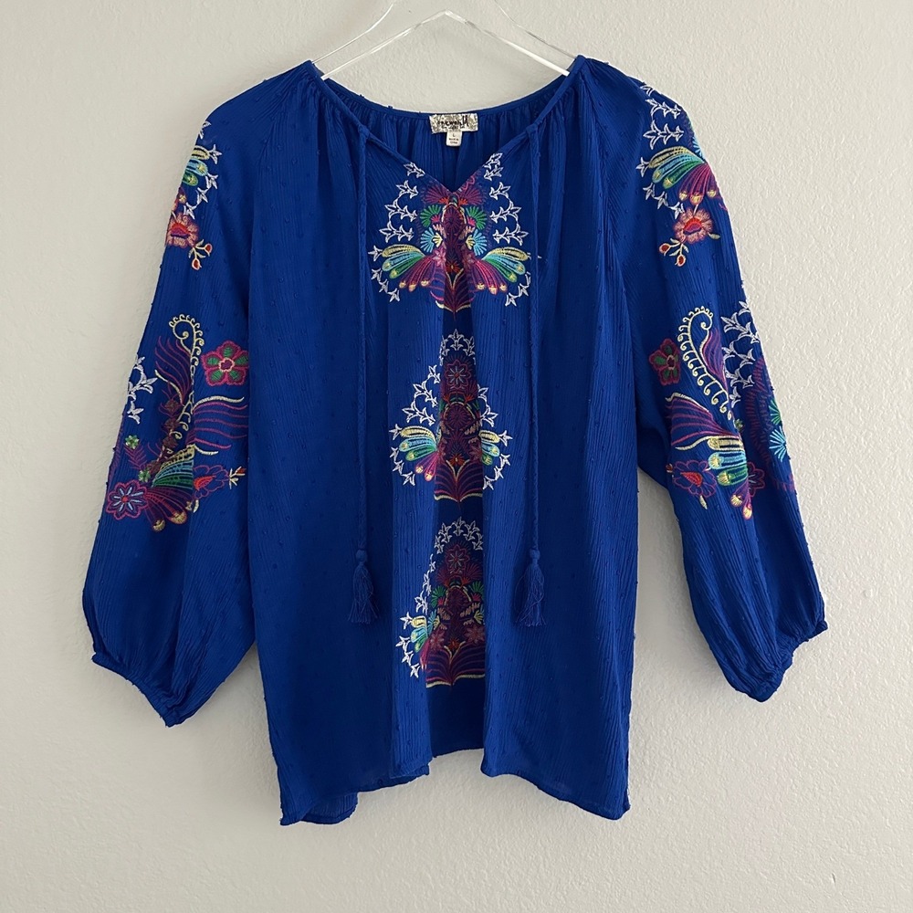 One World Peasant Blouse Womens Large Blue Embroidered Swiss Dot Boho Tassels